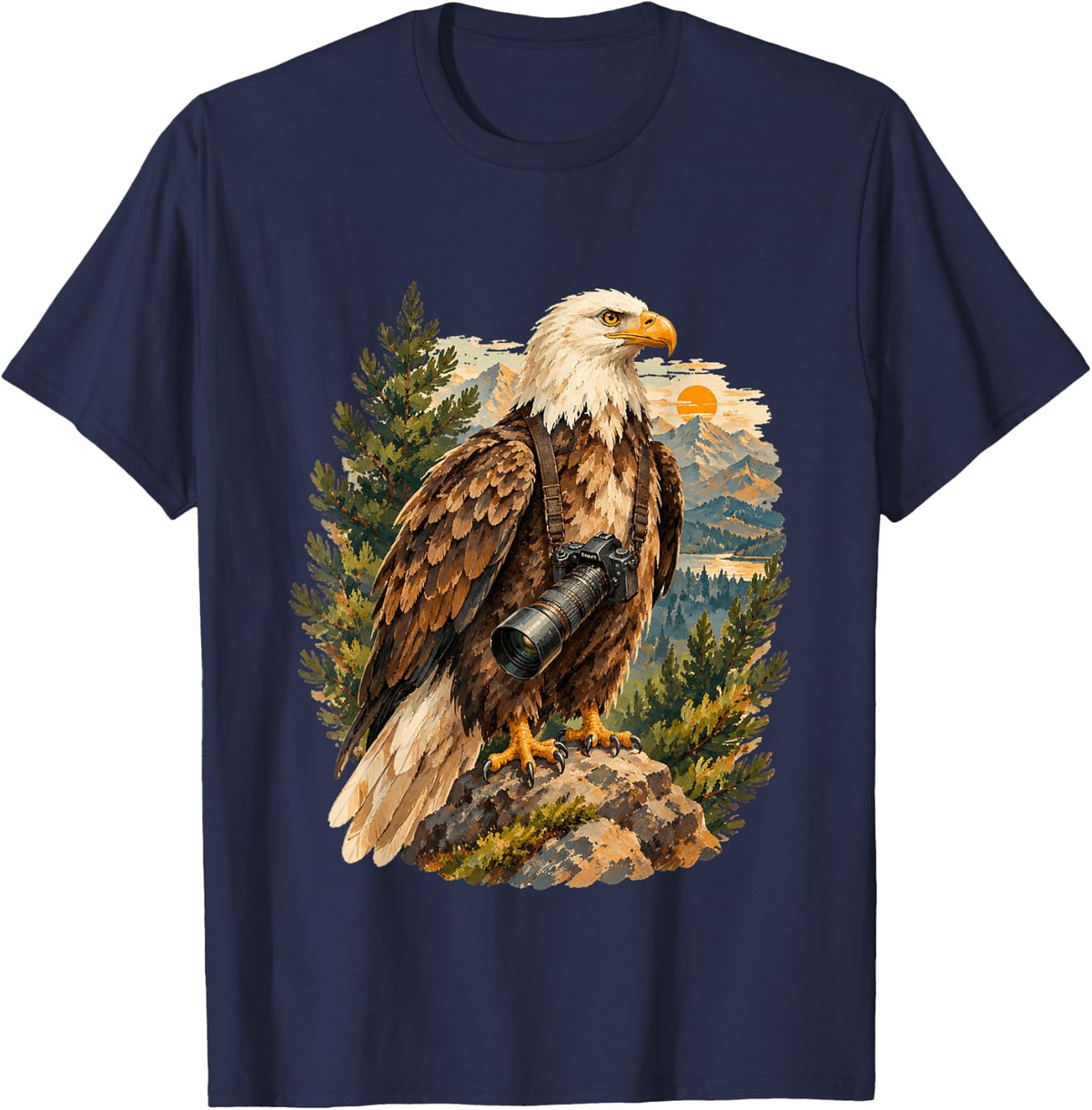 Bald Eagle Photographer with Camera Lens Birdwatcher T-Shirt - Navy Blue