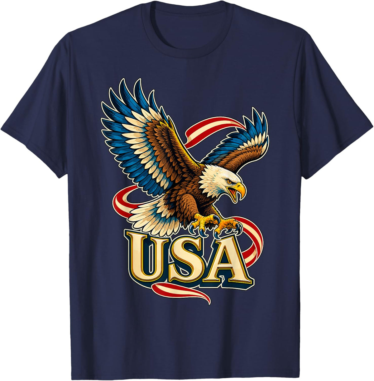 USA Dynamic Bald Eagle Lettering Animal Lover T-Shirt - Navy Blue