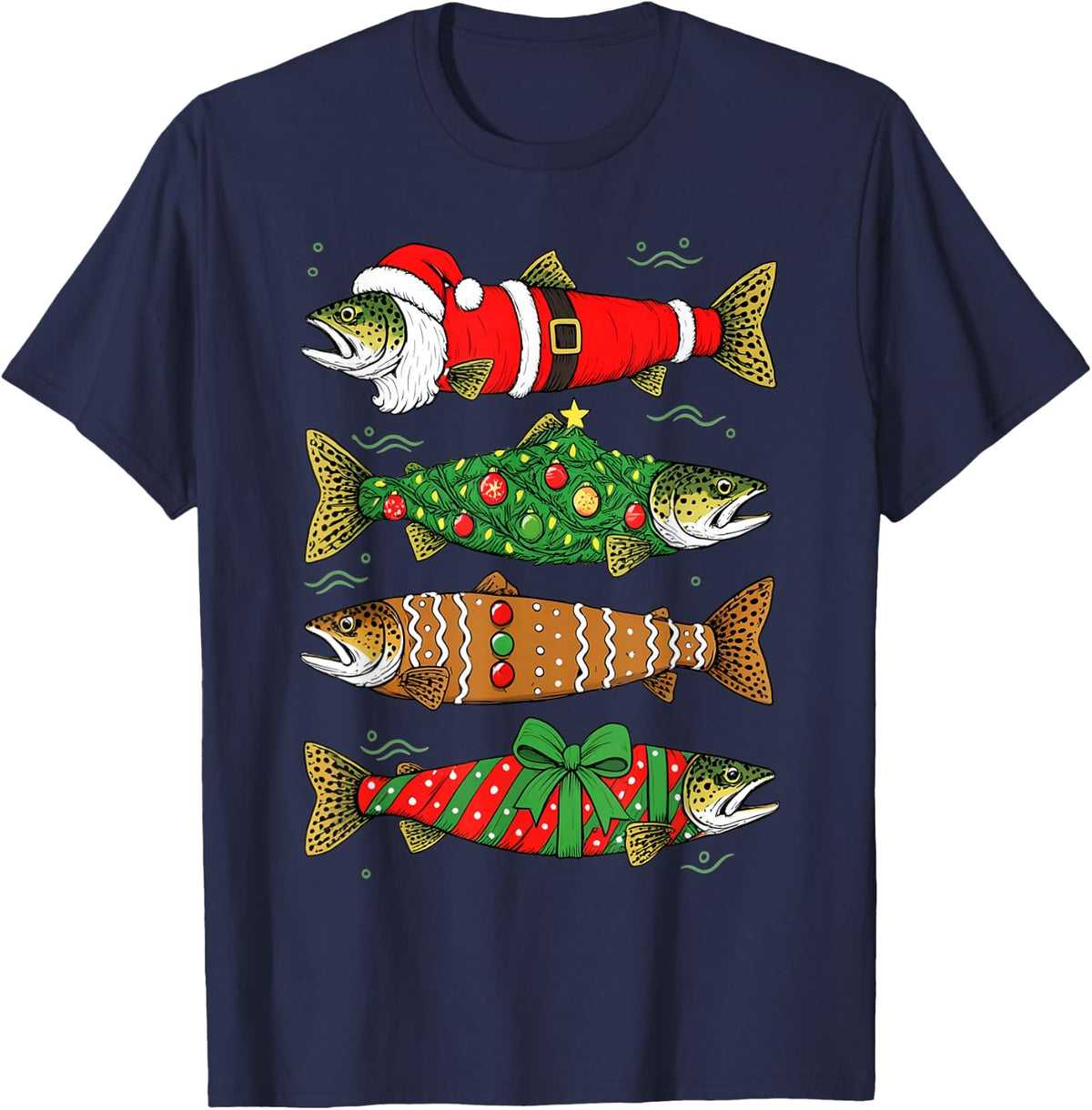 Christmas Rainbow Trout Fishing Lover Fisherman Xmas Funny T-Shirt - Navy Blue
