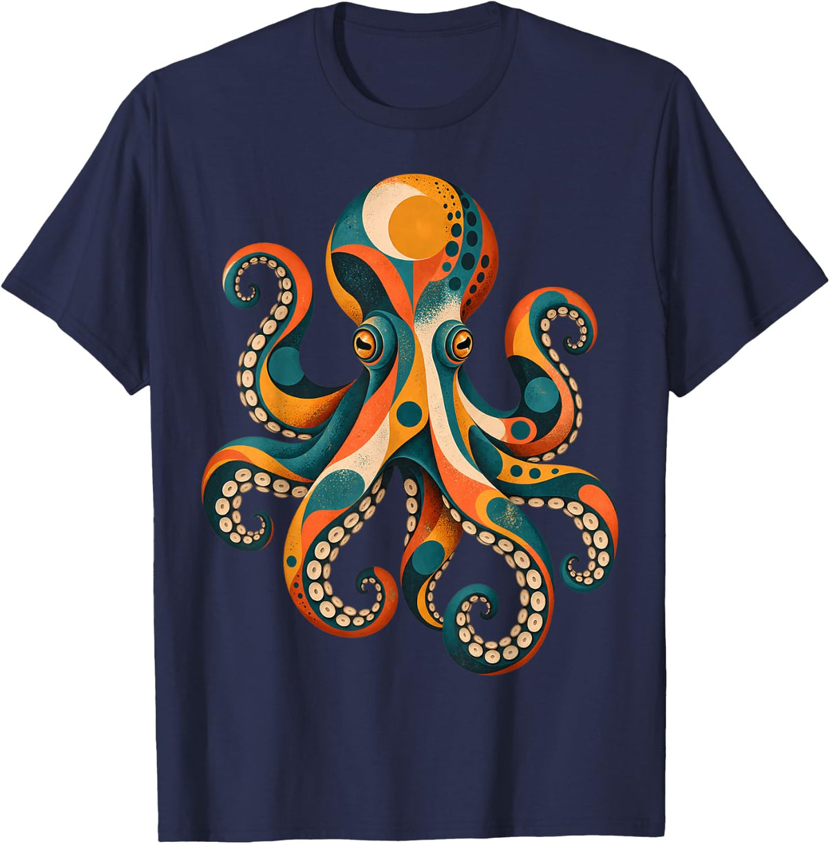 Mid Century Octopus Ocean Animal Modern Art T-Shirt - Navy Blue