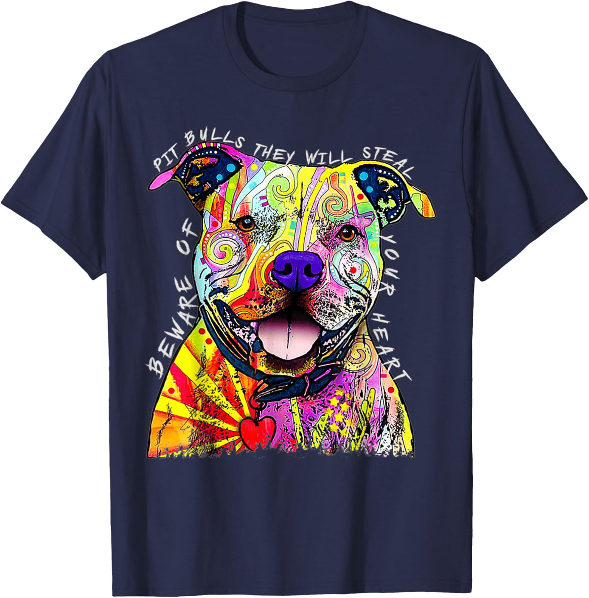 Funny Beware of Pit Bulls, Dean Russo Pitbull Original T-Shirt - Navy Blue