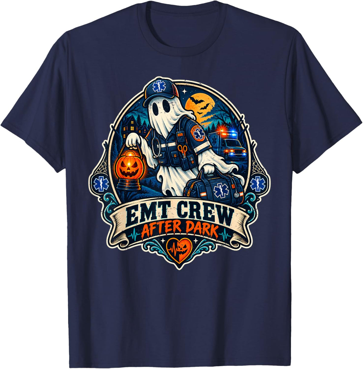 EMT Crew After Dark Halloween Ghost Paramedic T-Shirt - Navy Blue