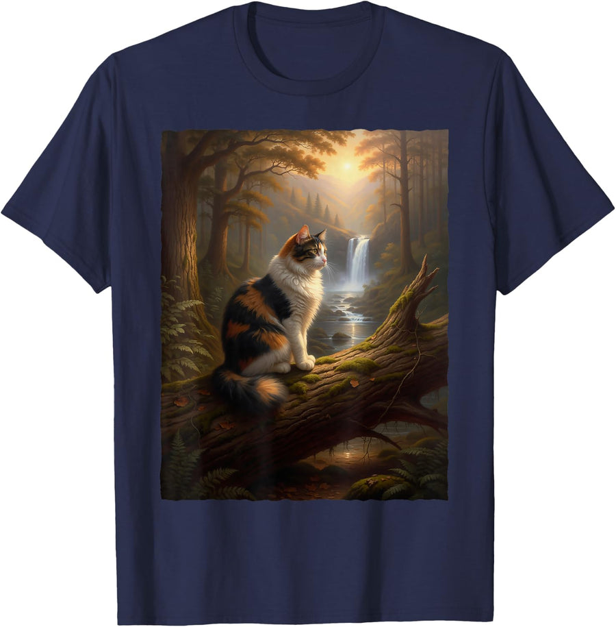 Fluffy Calico Cat Forest Waterfall Sunset Scenic Nature Art T-Shirt - Navy Blue