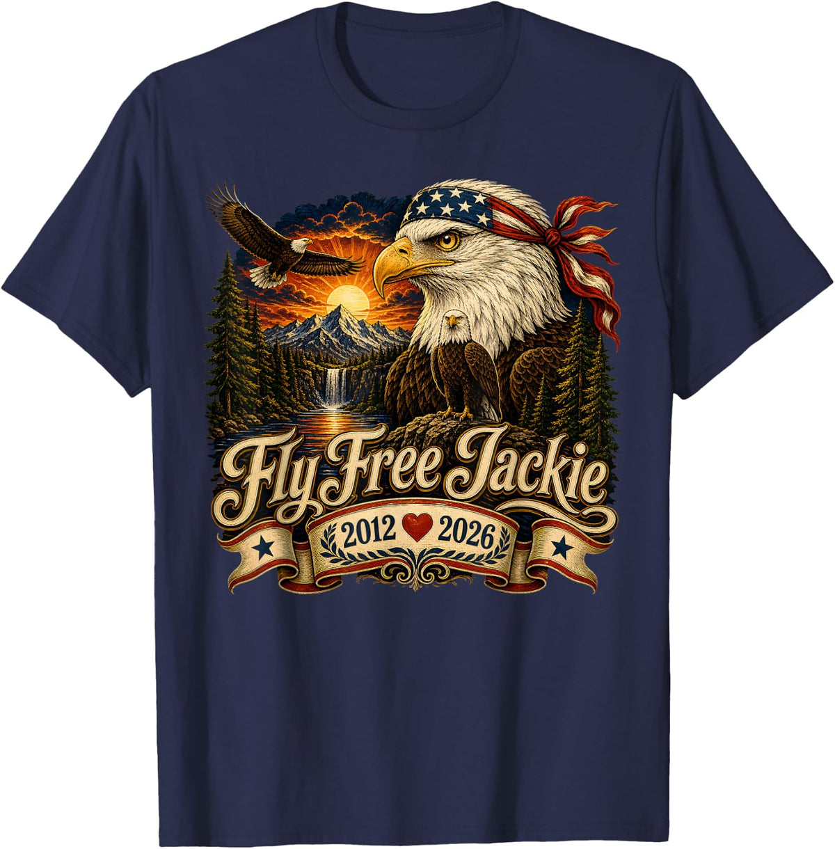 Patriotic Bald Eagle Jackie and Shadow Fly Free Jackie T-Shirt - Navy Blue