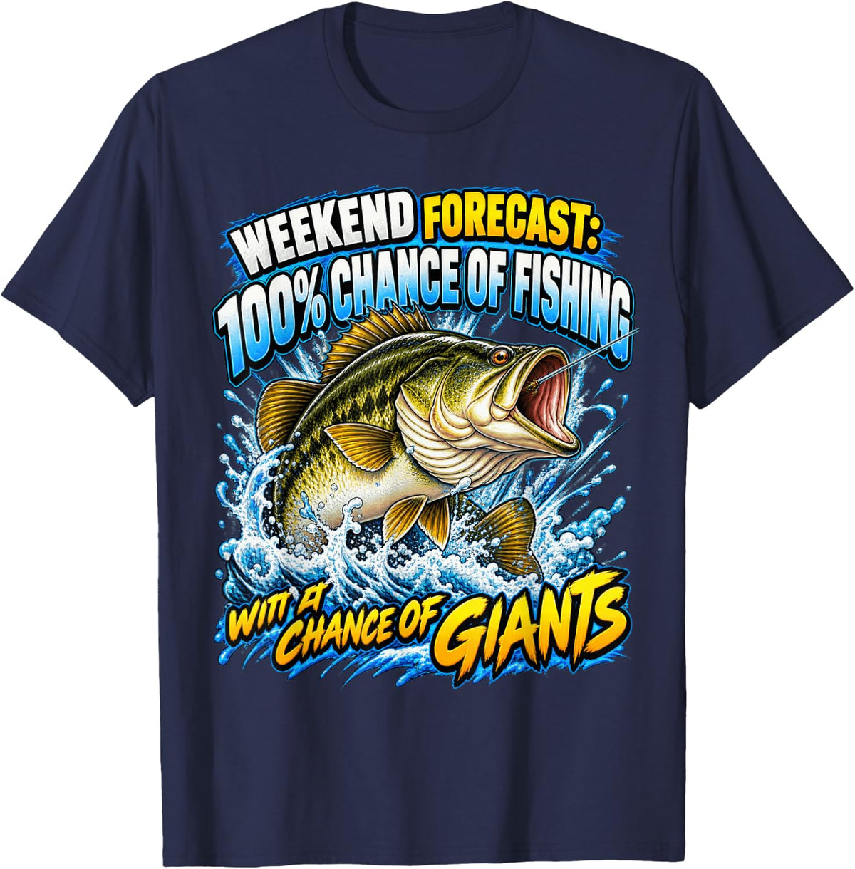 Weekend Fishing Forecast Largemouth Bass Angler Graphic T-Shirt - Navy Blue