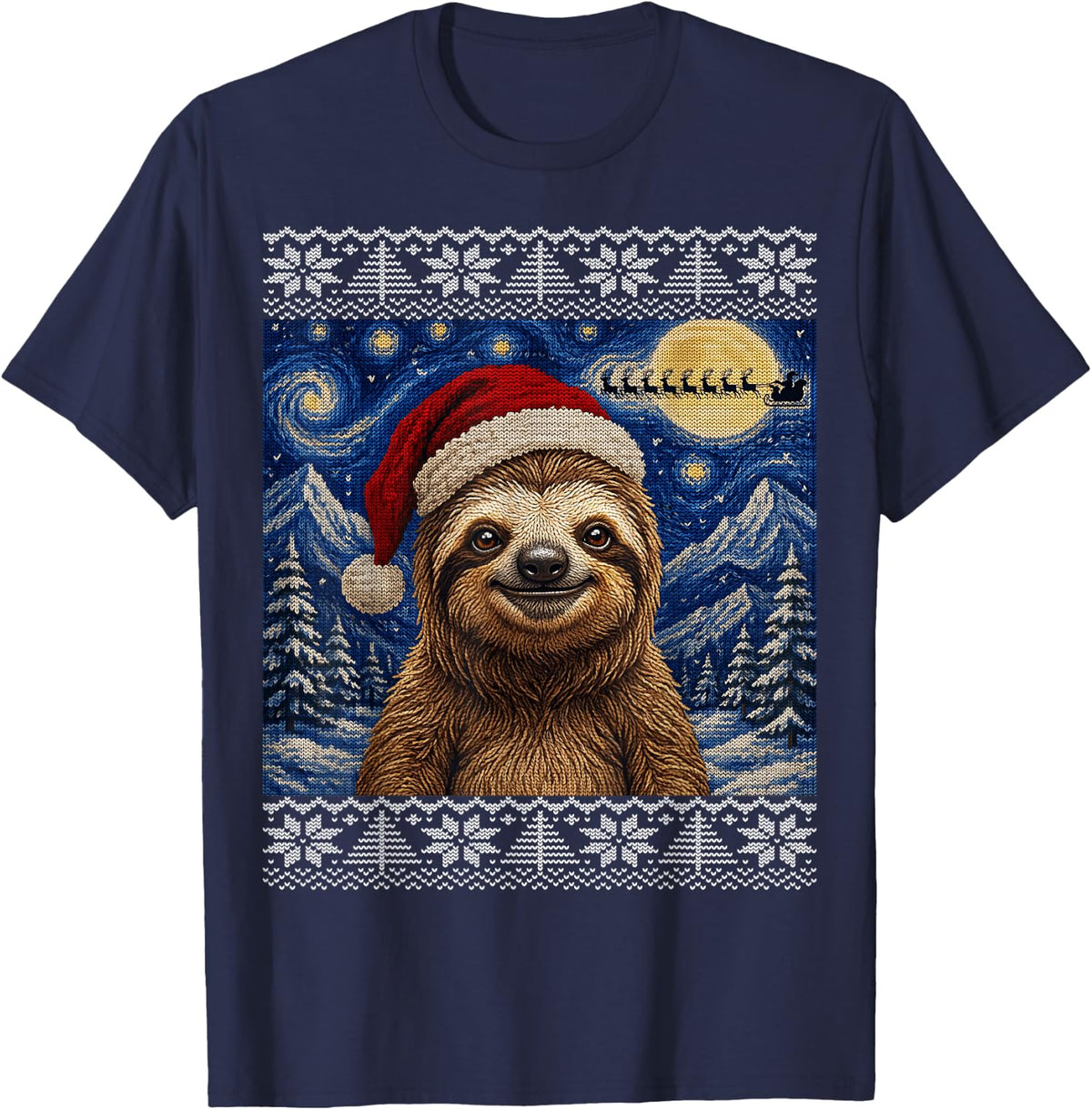 Sloth Santa Ugly Christmas T-Shirt - Navy Blue