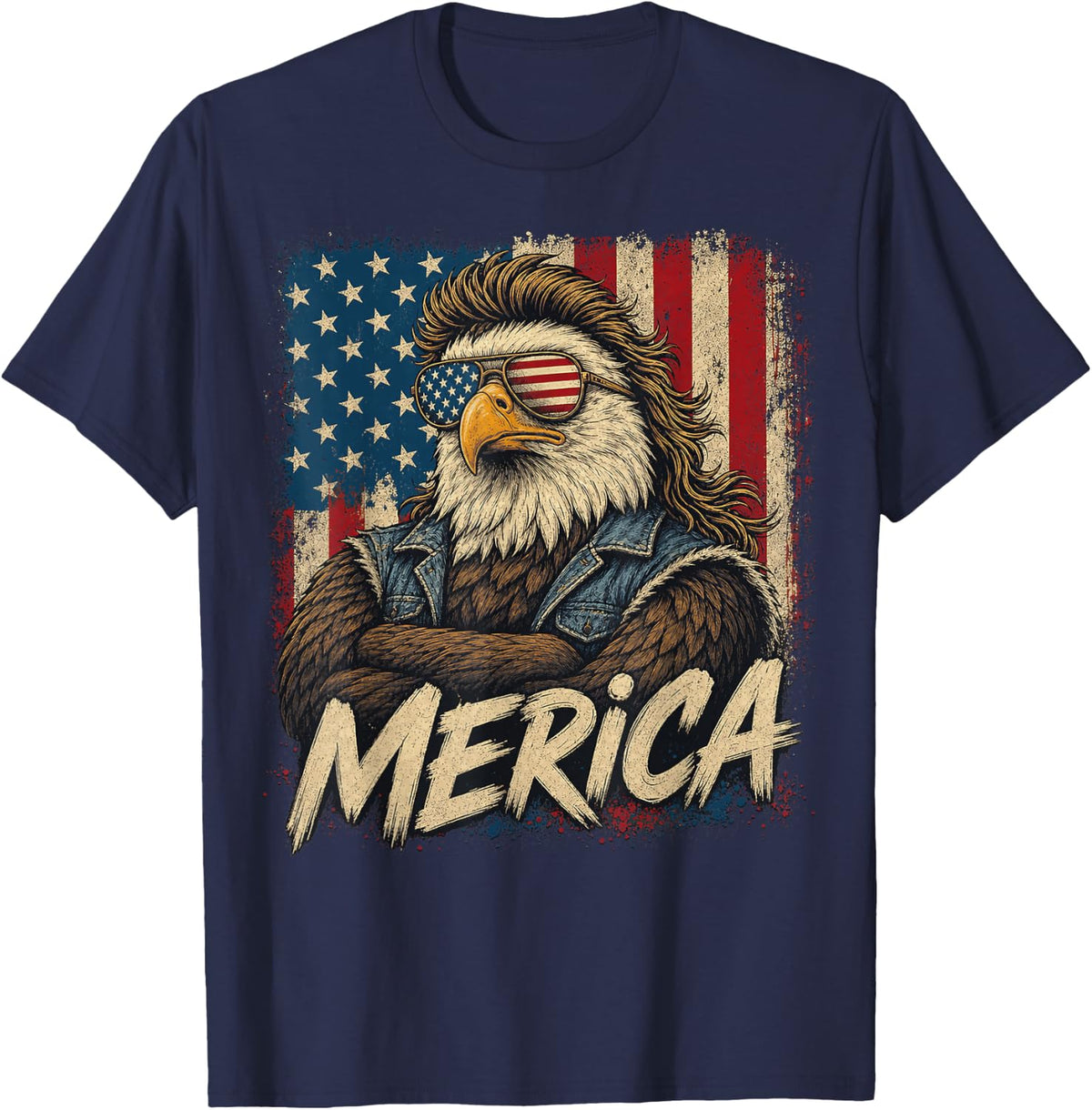 Bald Eagle with Mullet and Sunglasses Humor T-Shirt - Navy Blue