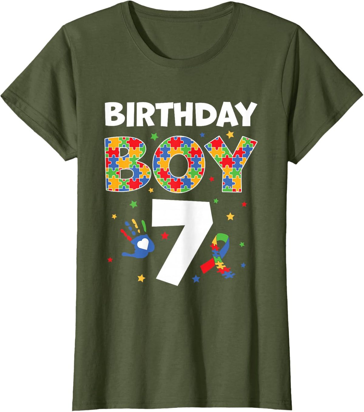 7th Birthday Boy Shirt Autism Awareness Puzzle Piece Tee T-Shirt - Olive Green