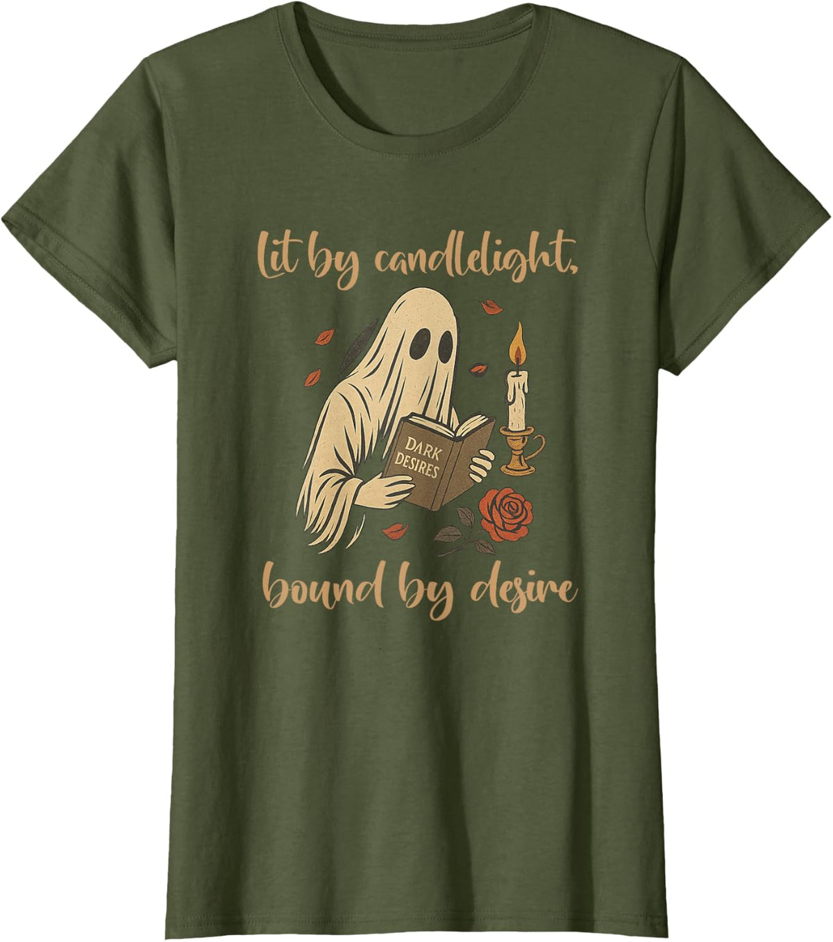 Dark Romance Reading Ghost - Lit Candlelight Bound by Desire T-Shirt - Olive Green
