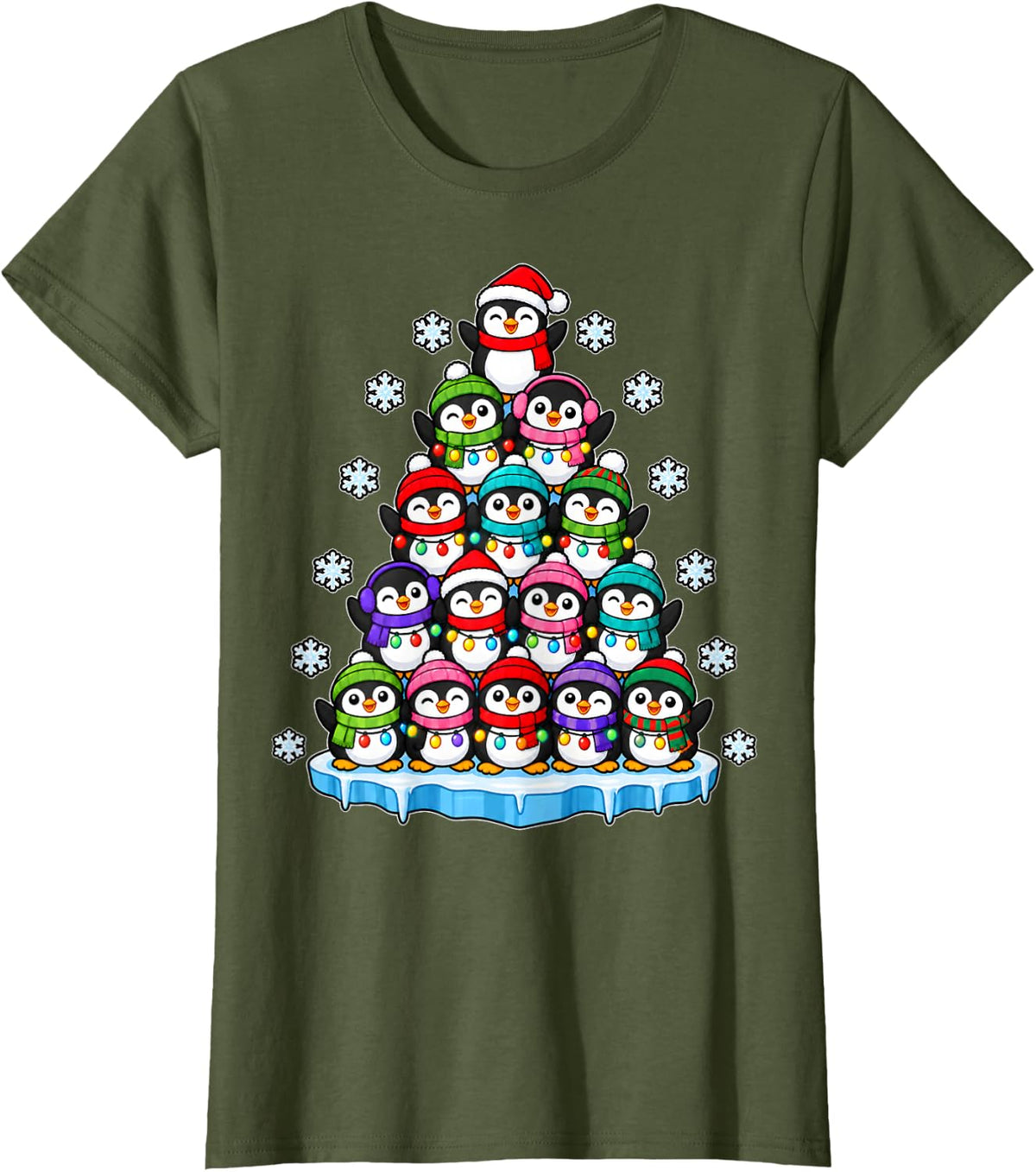 Christmas Penguin Santa Winter Xmas Tree Penguin T-Shirt - Olive Green