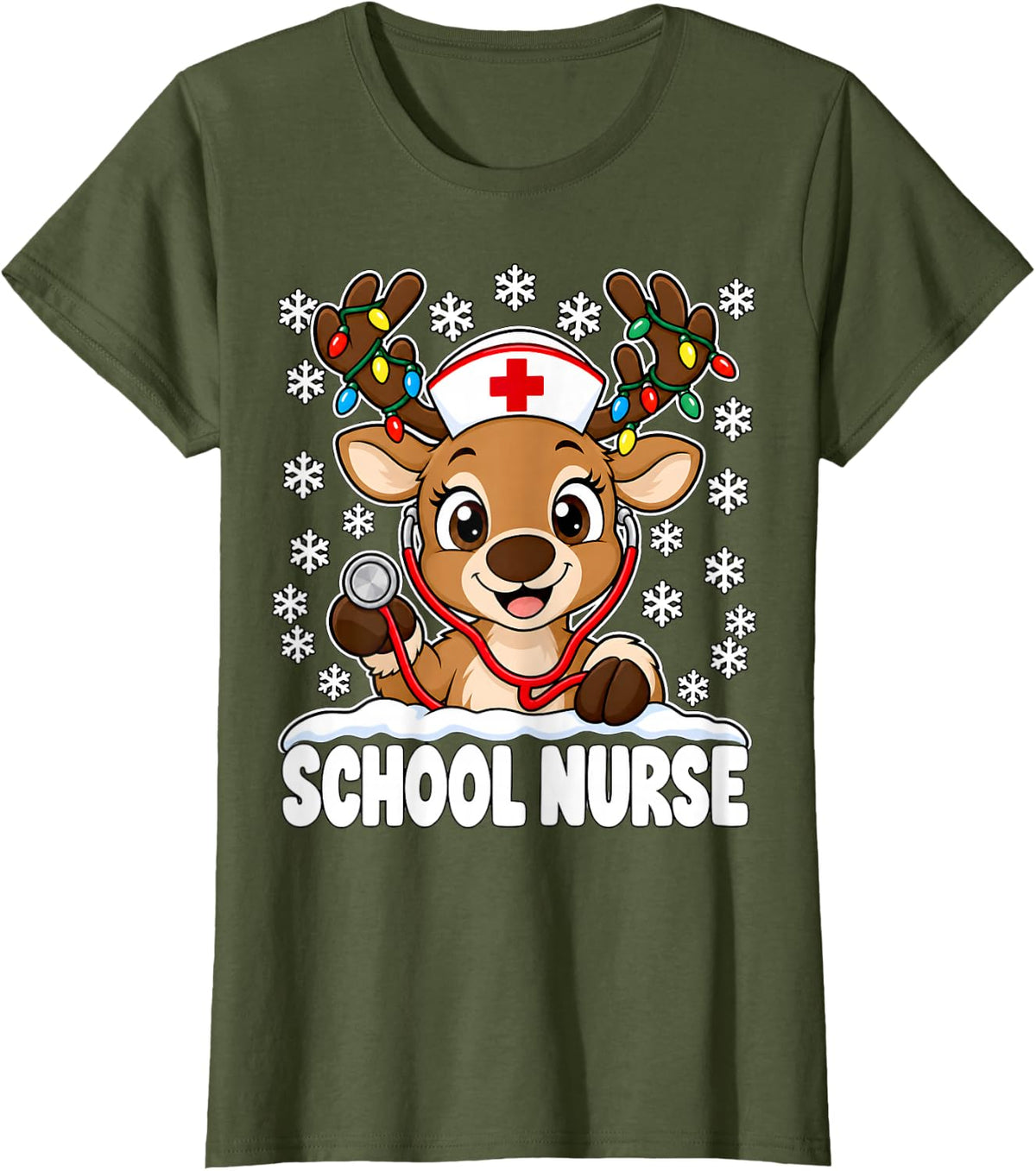 School Nurse Reindeer Christmas Stethoscope Xmas T-Shirt - Olive Green