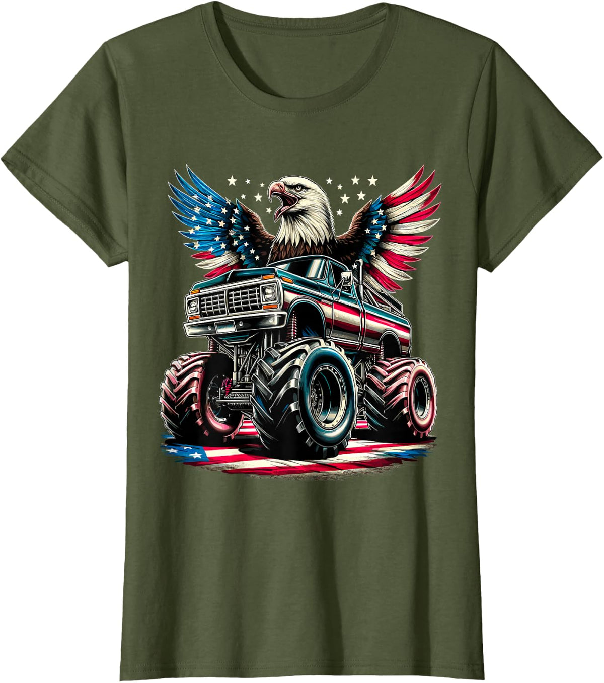 4th of July Boys Monster Truck Bald Eagle American Flag USA T-Shirt - Olive Green