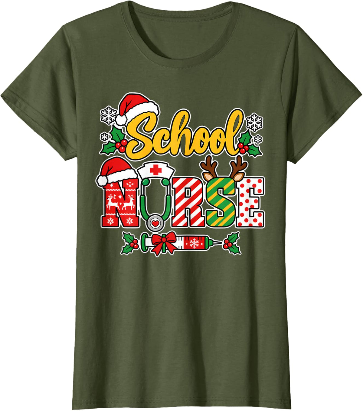School Nurse Christmas Stethoscope Bow Santa Xmas T-Shirt - Olive Green