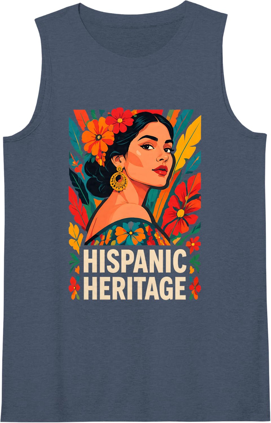 Women's Hispanic Heritage Month Latina Woman Poster Floral Pride Art Sleeveless Tank Top - Navy Blue