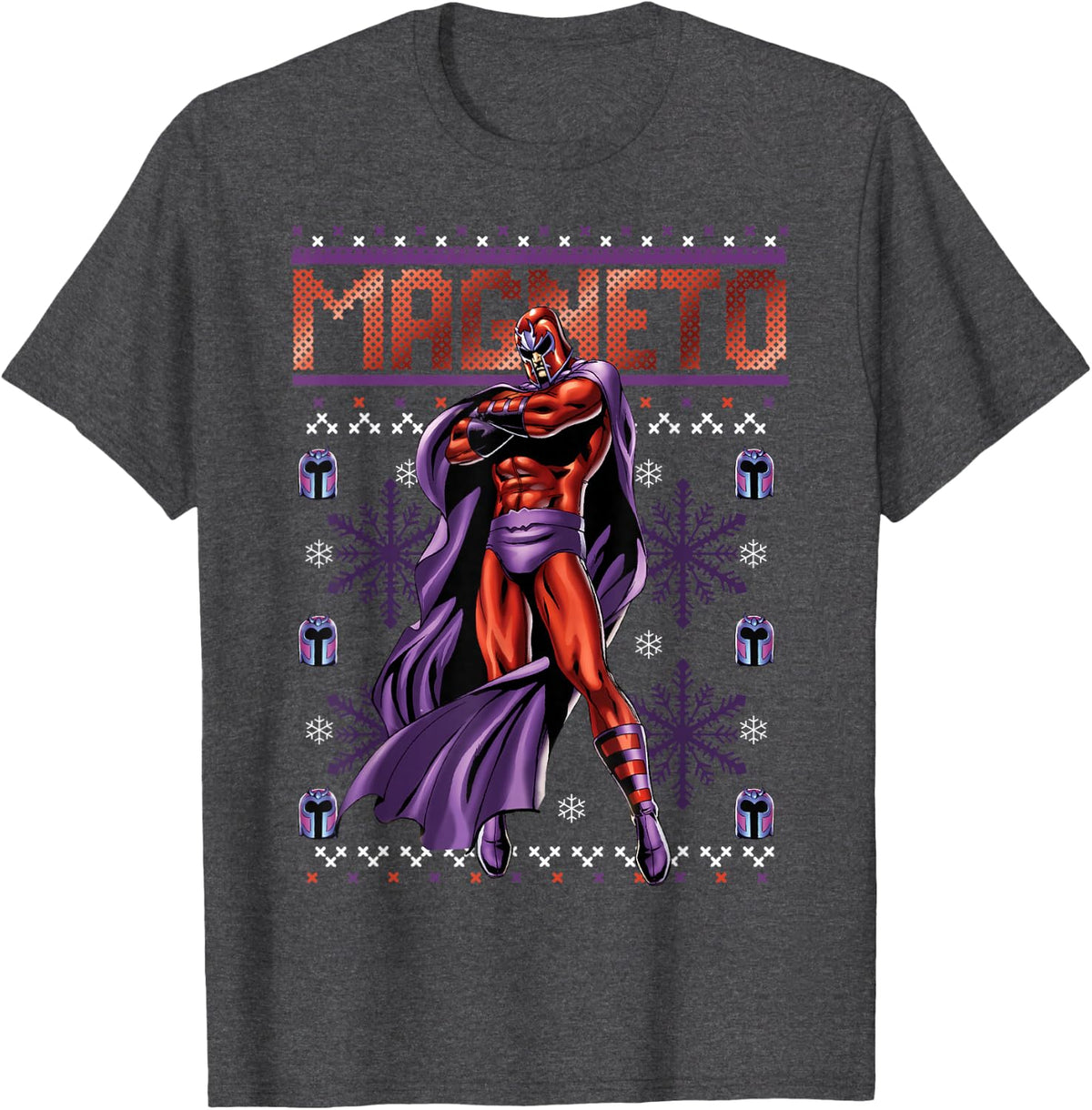 Marvel X-Men Magneto Purple Ugly Christmas Sweater T-Shirt - Dark Heather Grey