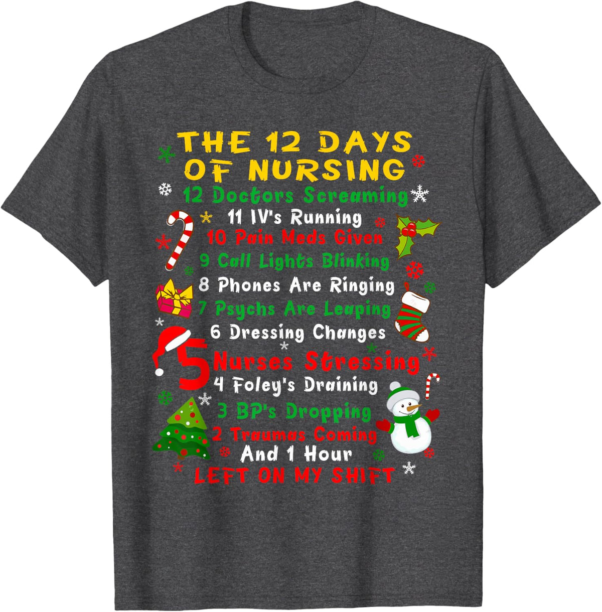 Nurse Christmas Funny 12 Day Nursing T-Shirt - Dark Heather Grey