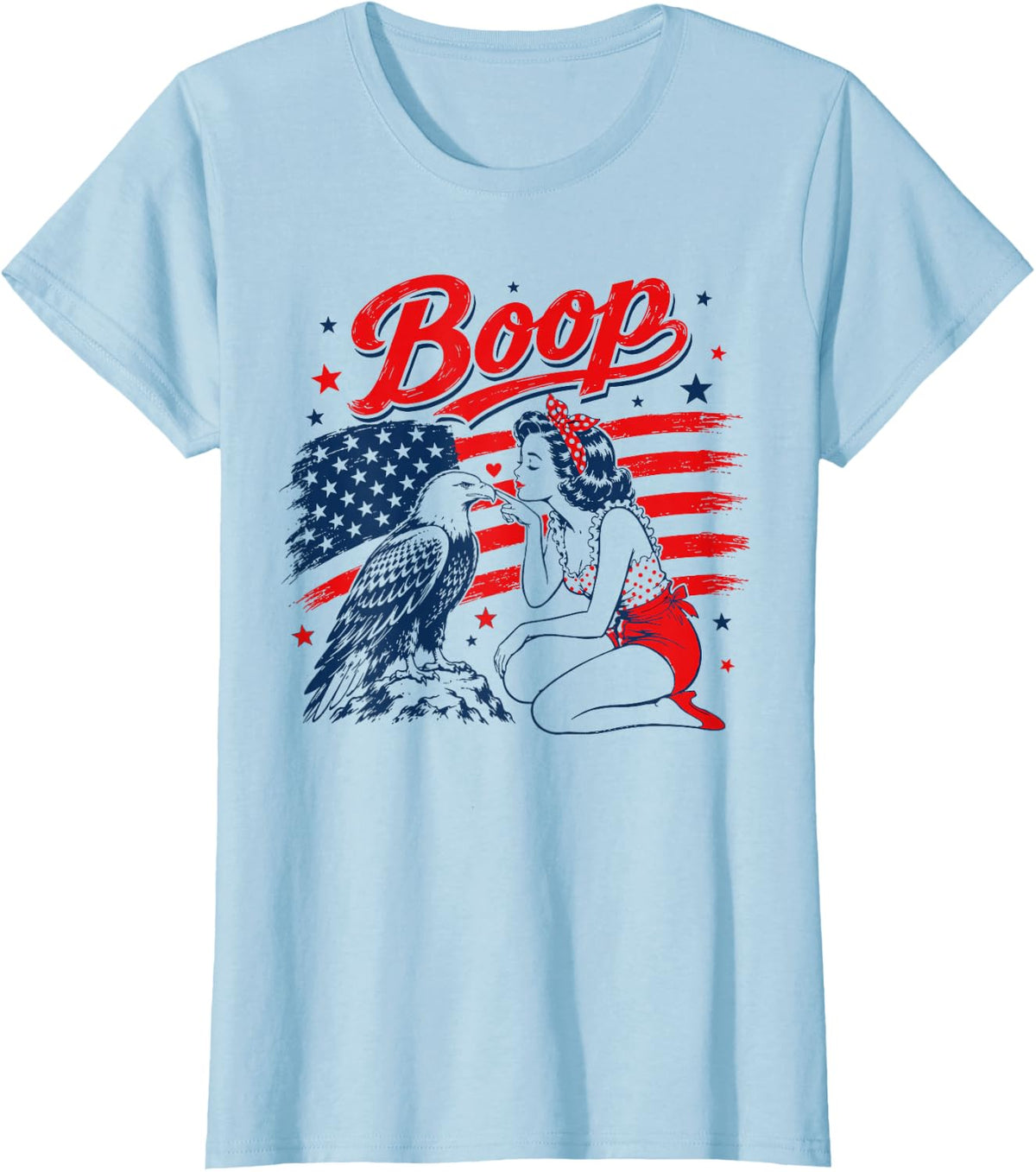 Patriotic Pinup Girl Bald Eagle Boop 4th of July Shirt Tees T-Shirts for Women Girls - Baby Blue