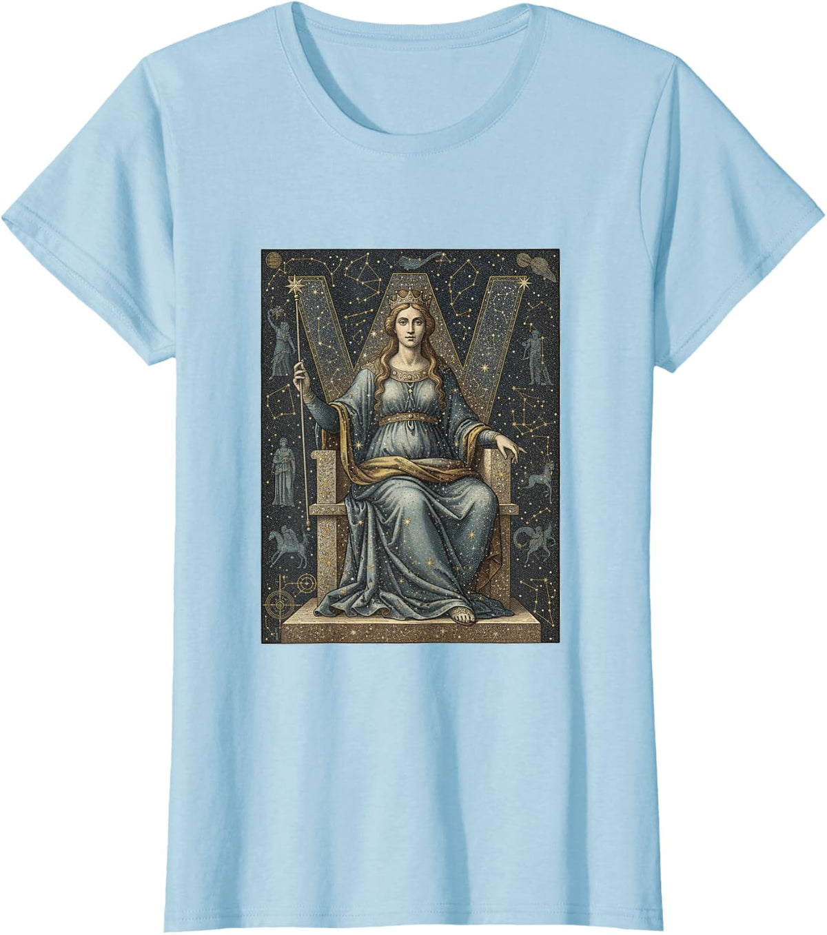Cassiopeia Crowned Queen Celestial Star Map Art Graphic T-Shirt - Baby Blue