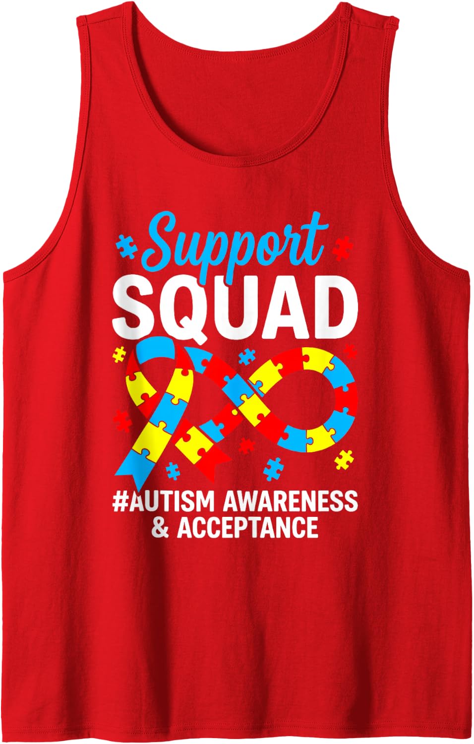 Autism Awareness Autism Support Squad Family Blue Ribbon Sleeveless Tank Top - Red