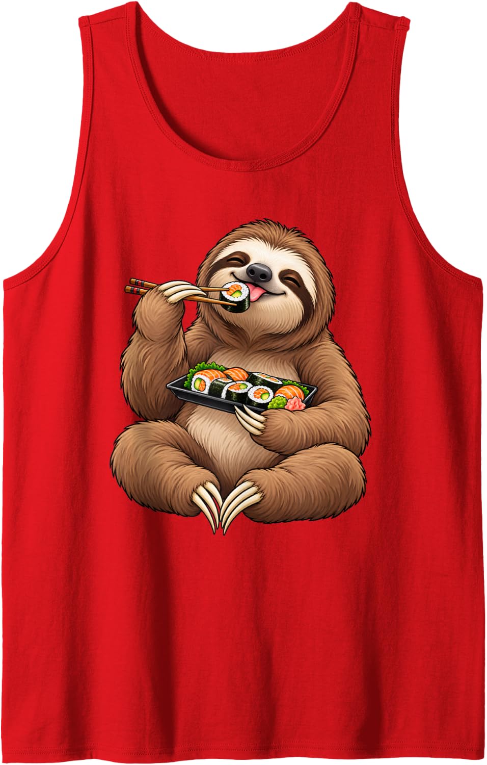Sloth Eating Sushi Sleeveless Tank Top - Red
