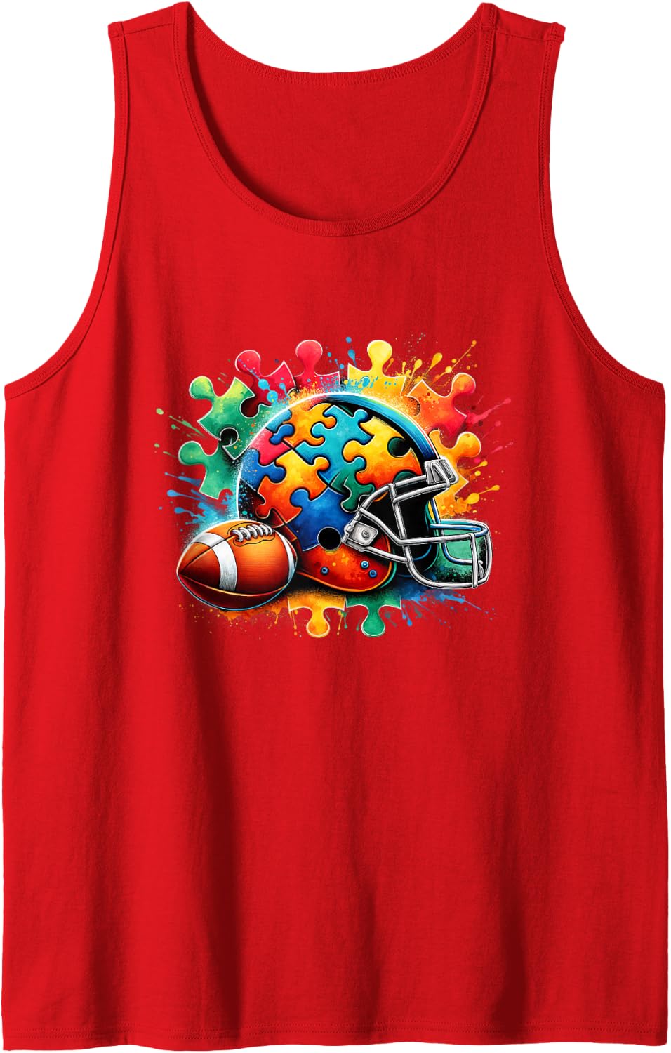 Football Autism Awareness Colorful Rainbow Sleeveless Tank Top - Red