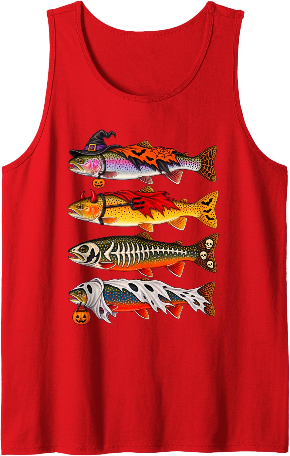 Trout Fish Ghost Skeleton Halloween Fishing Sleeveless Tank Top - Red