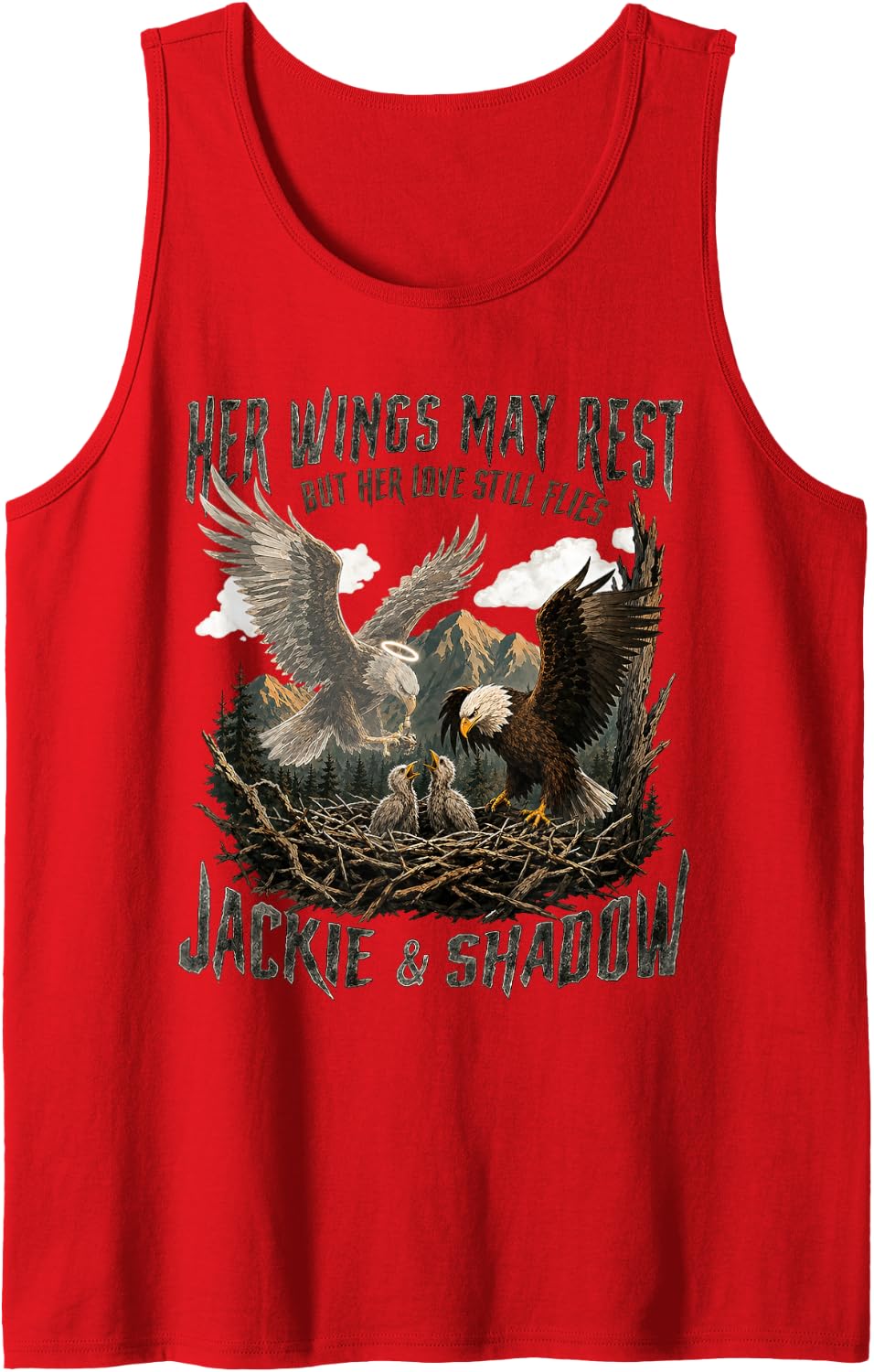Jackie & Shadow Bald Eagle, Her Wings May Rest her Love Sleeveless Tank Top - Red