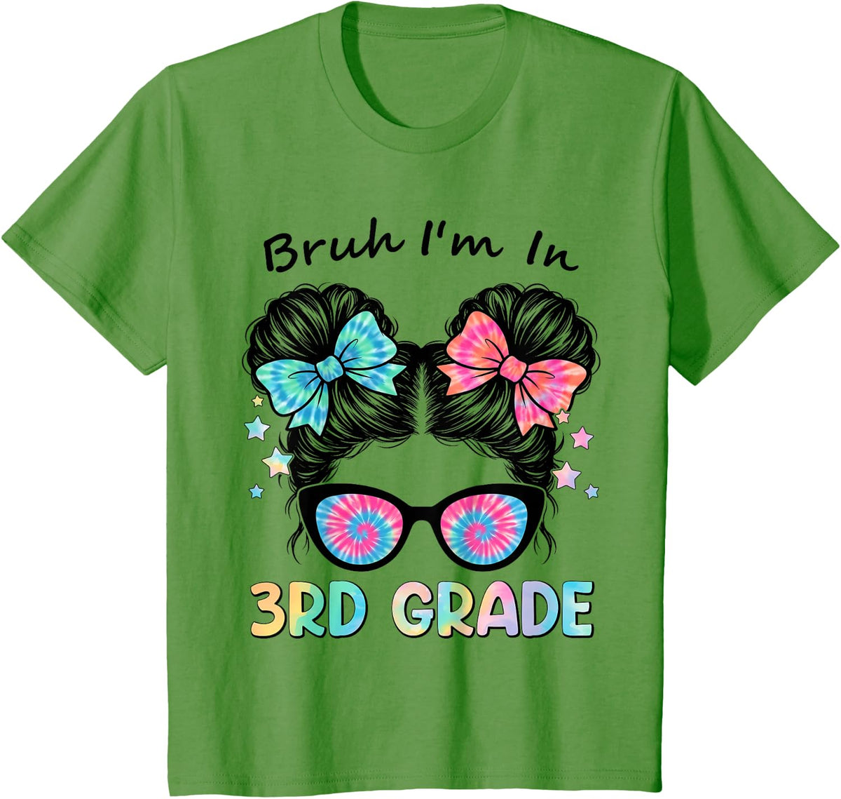 Back to School First Day Bruh Third 3rd Grade Messy Bun Girl T-Shirt - Grass Green