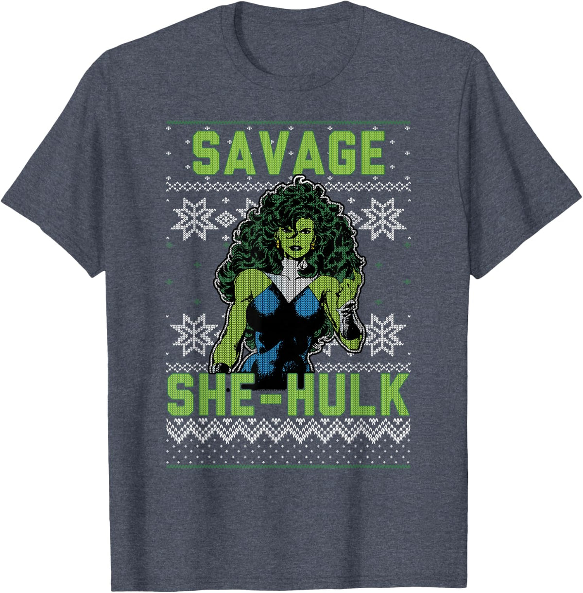 Marvel She-Hulk Savage Ugly Christmas Sweater T-Shirt - Heather Blue