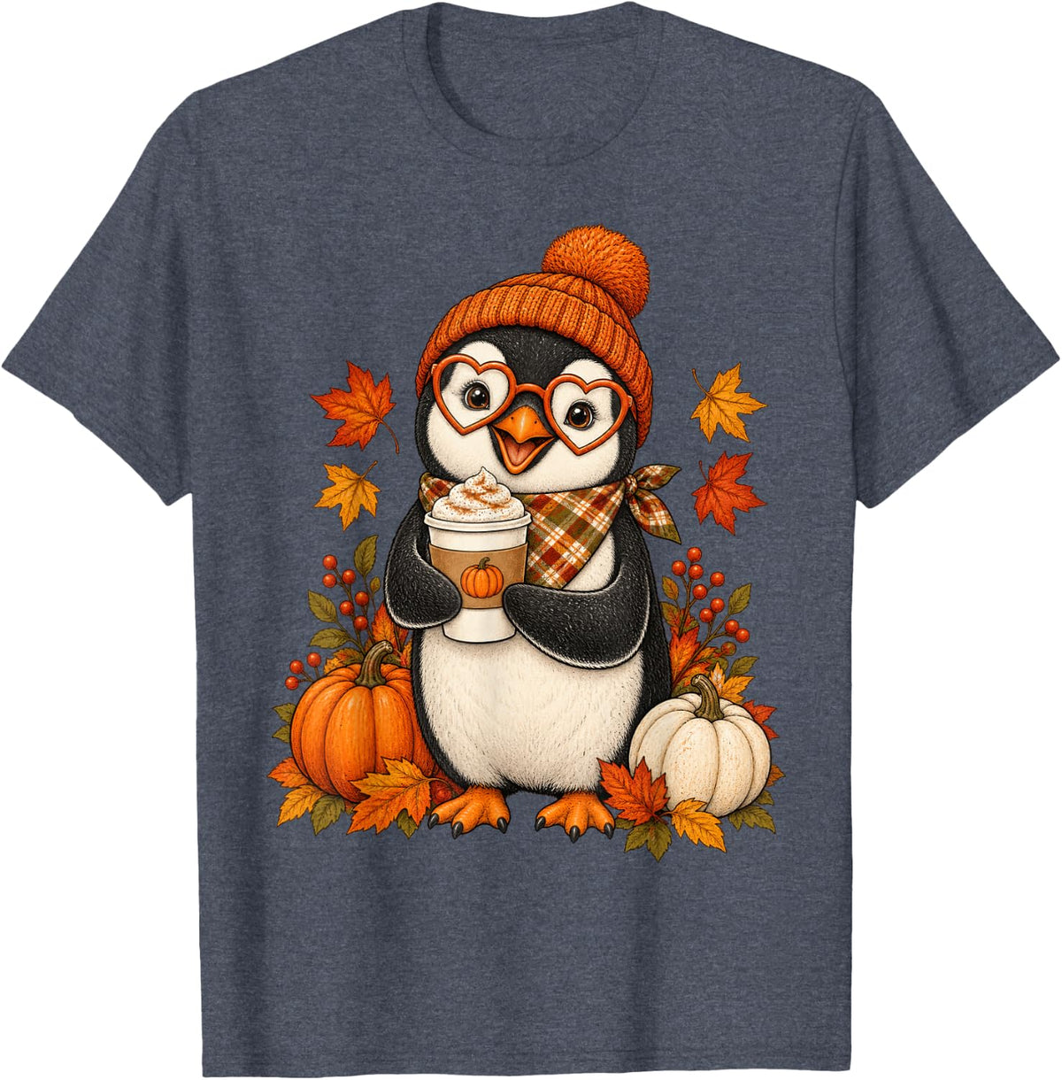 Penguin Fall Autumn Season Pumpkin Spice T-Shirt - Heather Blue