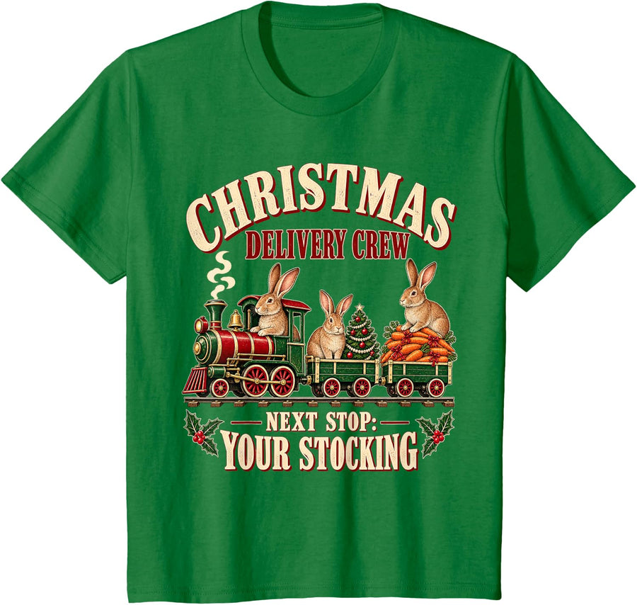 Flemish Giant Rabbit Classic Xmas Locomotive T-Shirt - Kelly Green