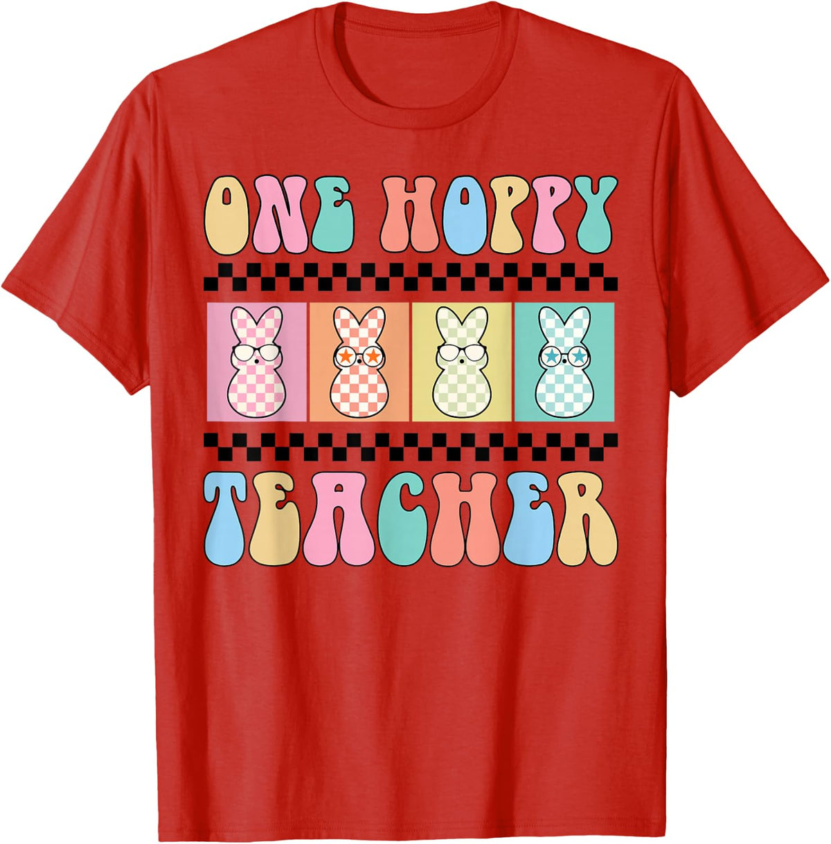 One Hoppy Teacher Bunny Easter Day Groovy Retro Boy Girl T-Shirt - Red