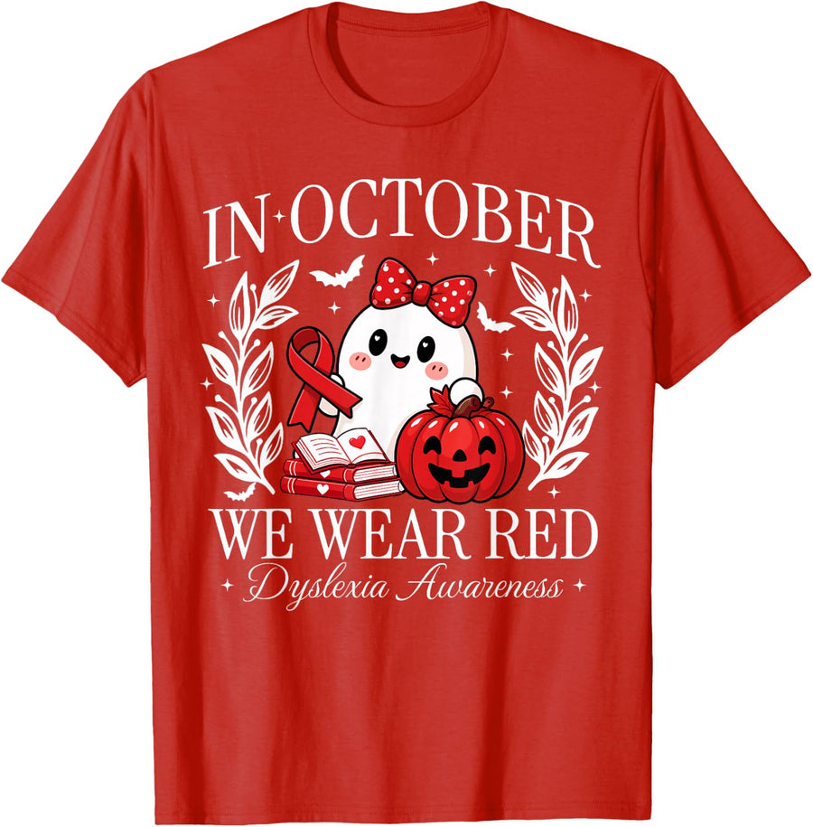 in October We Wear Red Dyslexia Awareness Halloween Girl Kid T-Shirt - Red