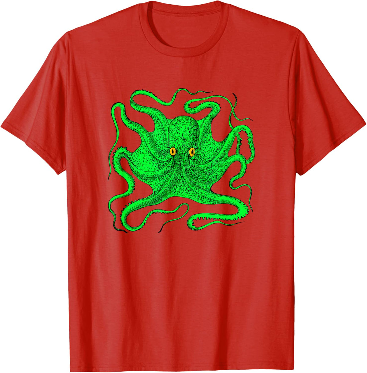 Octopus Shirt Graphic Tee (green with yellow eyes) T-Shirt - Red