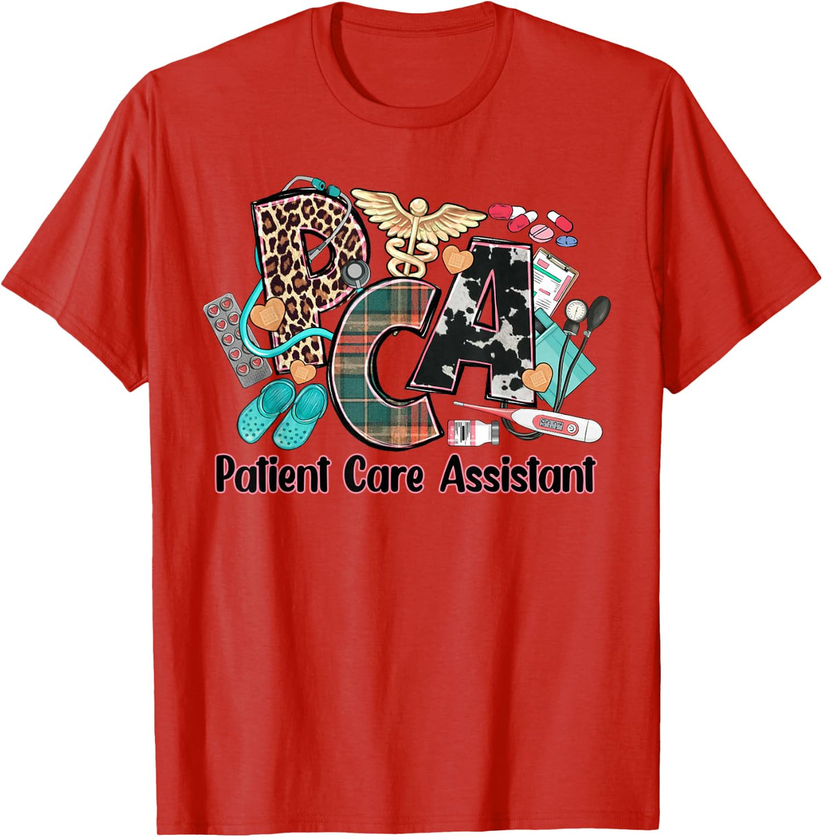 PCA Patient Care Assistant Nurse Leopard Western Nursing T-Shirt - Red