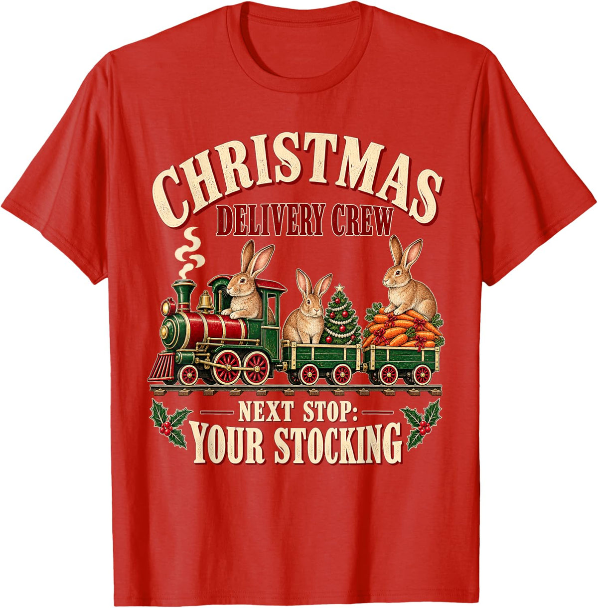Flemish Giant Rabbit Cute Christmas Railway T-Shirt - Red