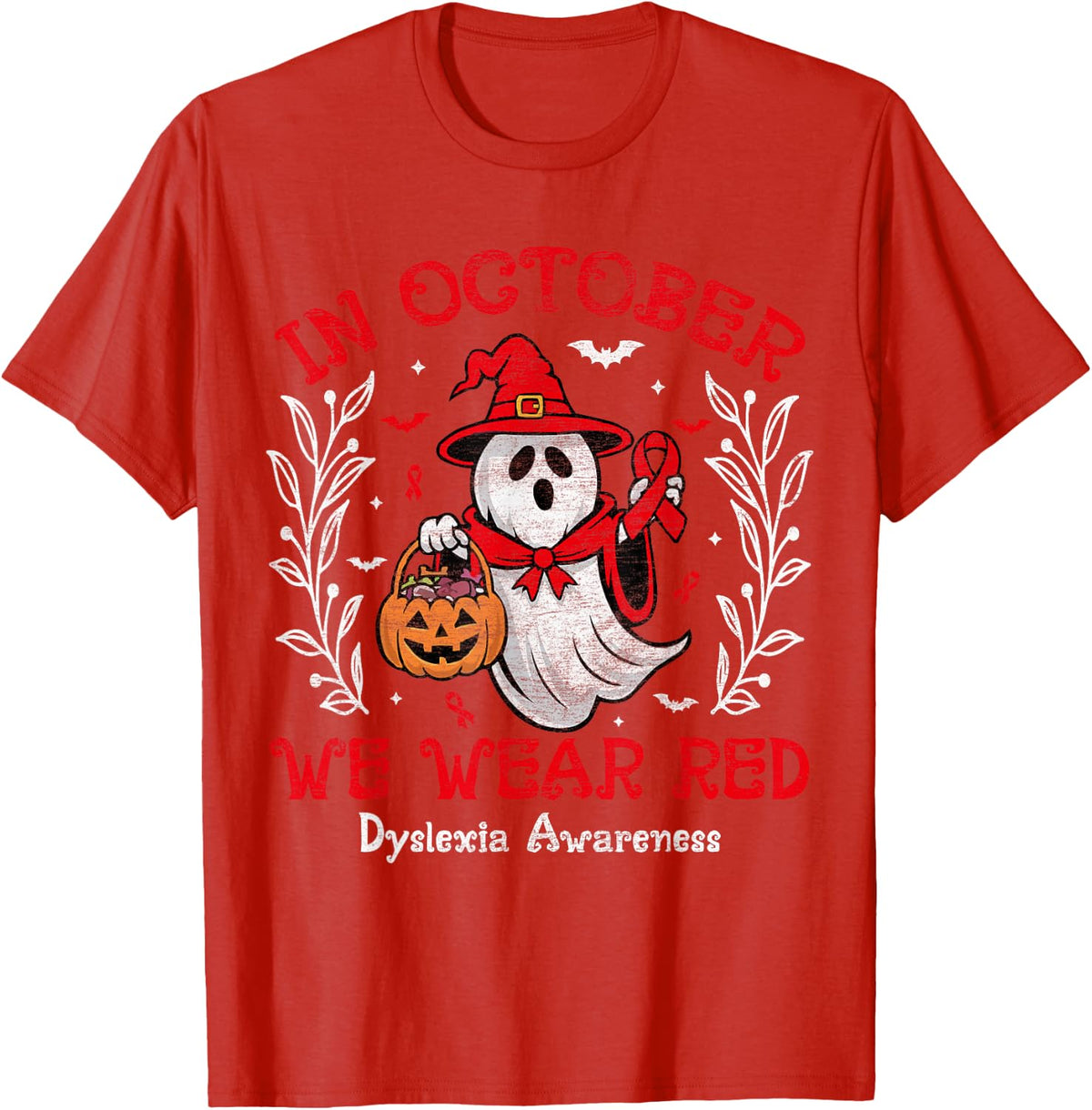 In October We Wear Red Dyslexia Awareness Halloween Ghost T-Shirt - Red