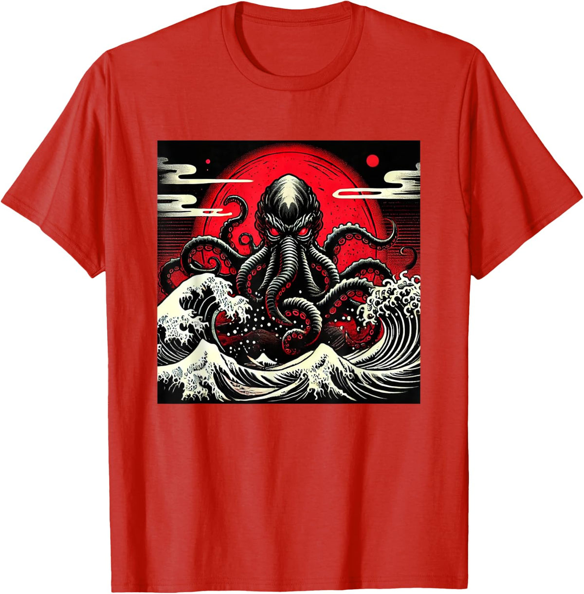 Japanese, Octopus, Art, Red Moon, Wave Graphic T-Shirt - Red