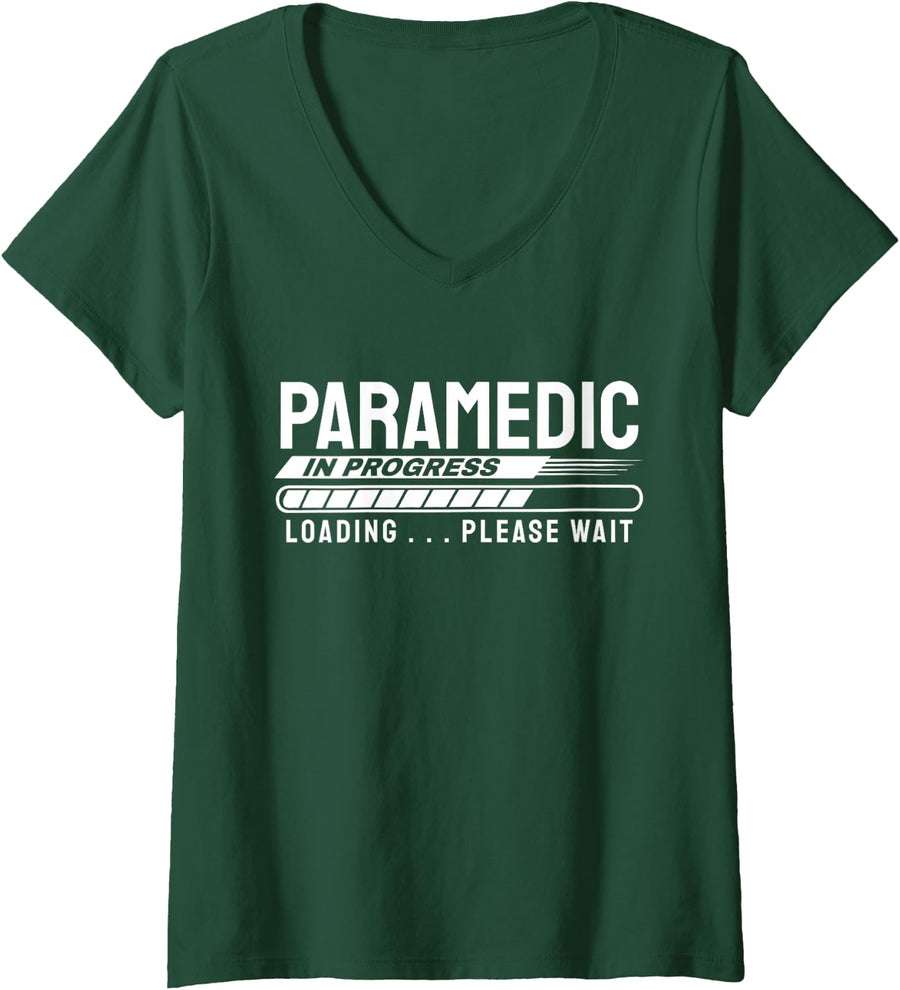 Women's Paramedic in Progress Loading EMS Student V-Neck T-Shirt - Dark Green