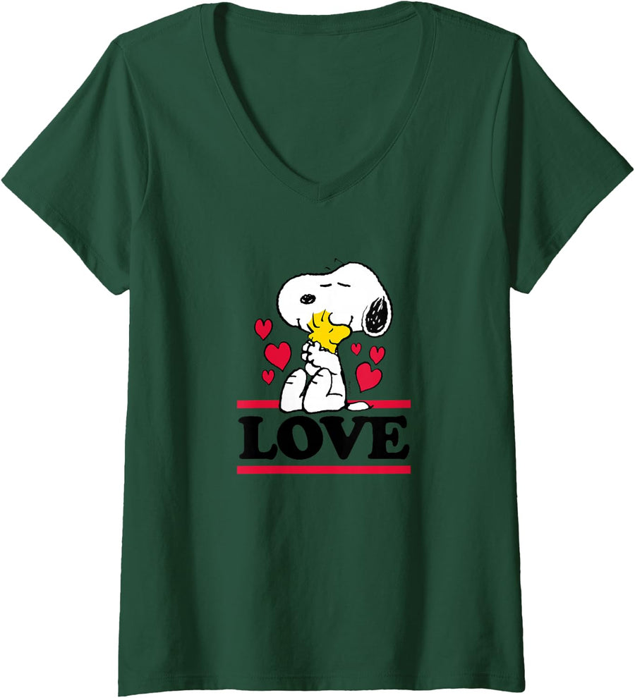 Womens Peanuts - Valentines - Snoopy & Woodstock Love V-Neck T-Shirt - Dark Green