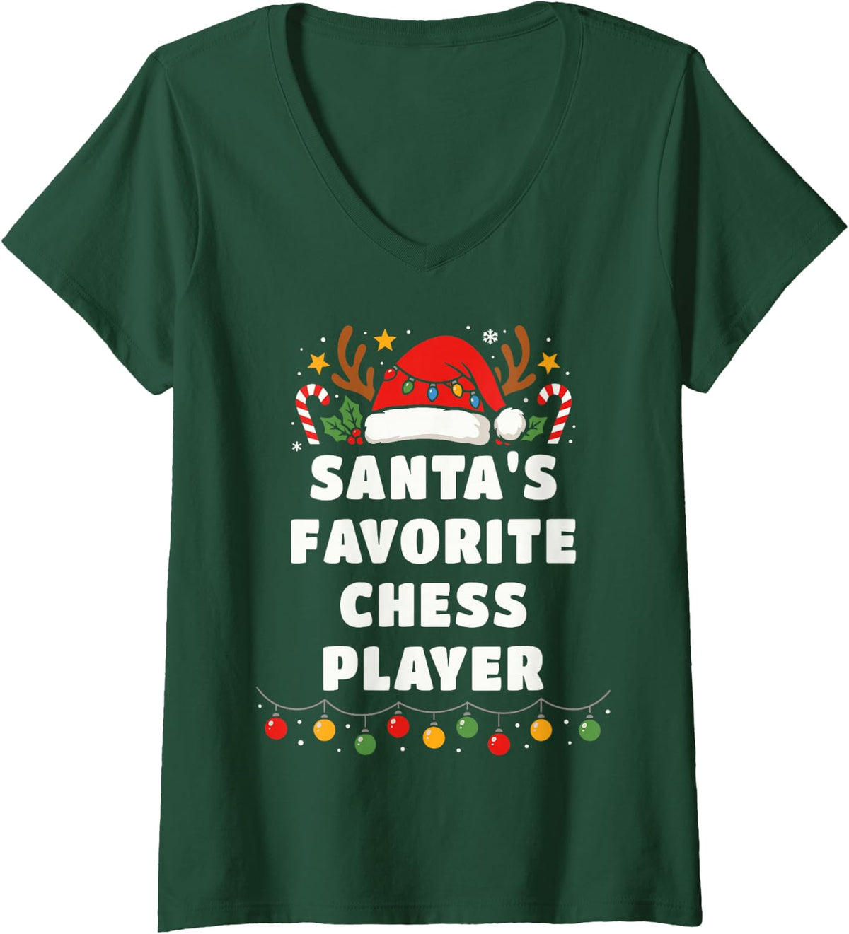 Women's Santa's Favorite Chess Player Funny Christmas Holiday Sport V-Neck T-Shirt - Dark Green