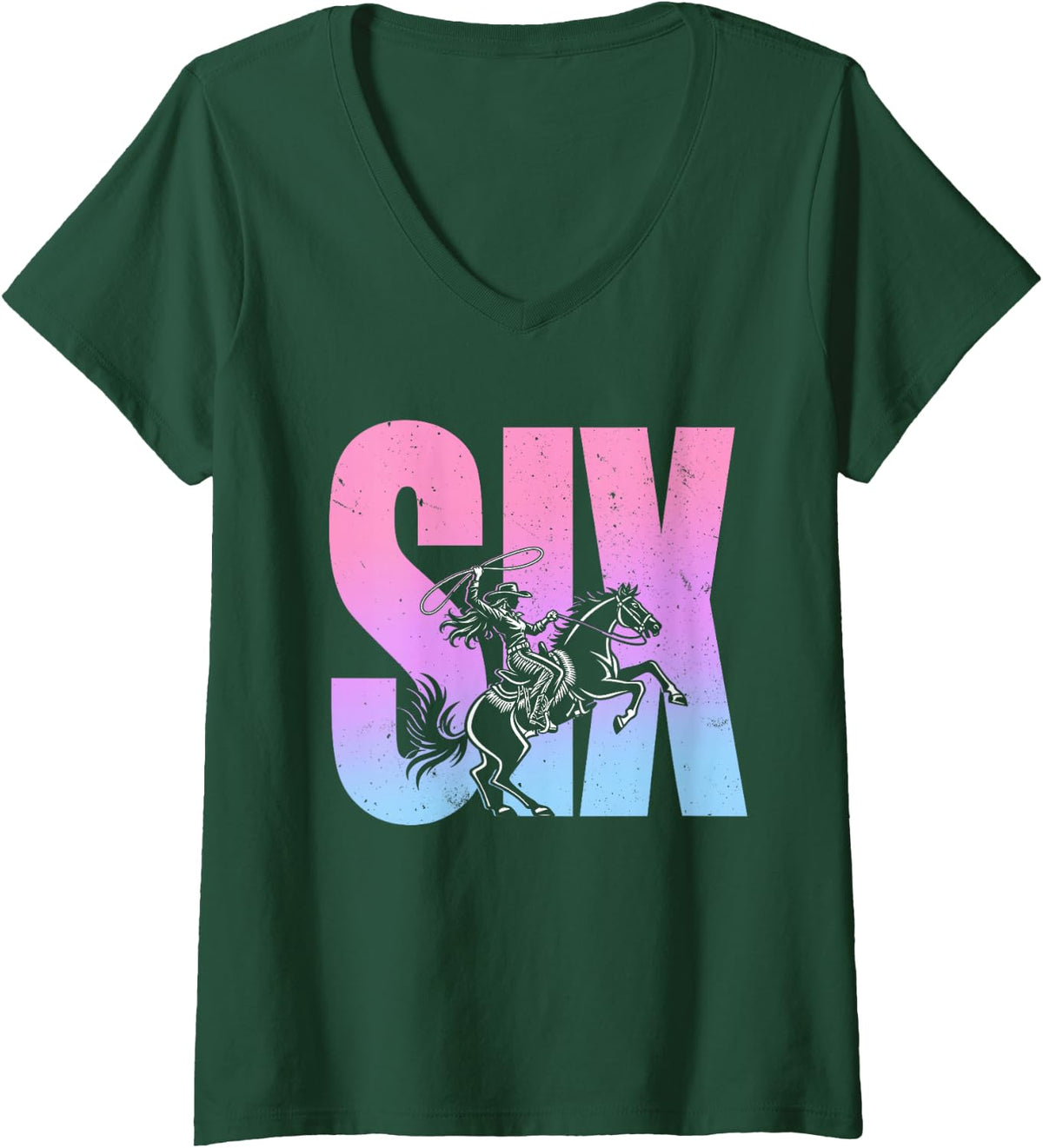 Women's 6th Birthday Rodeo Western Cowgirl Riding Horse Party V-Neck T-Shirt - Dark Green