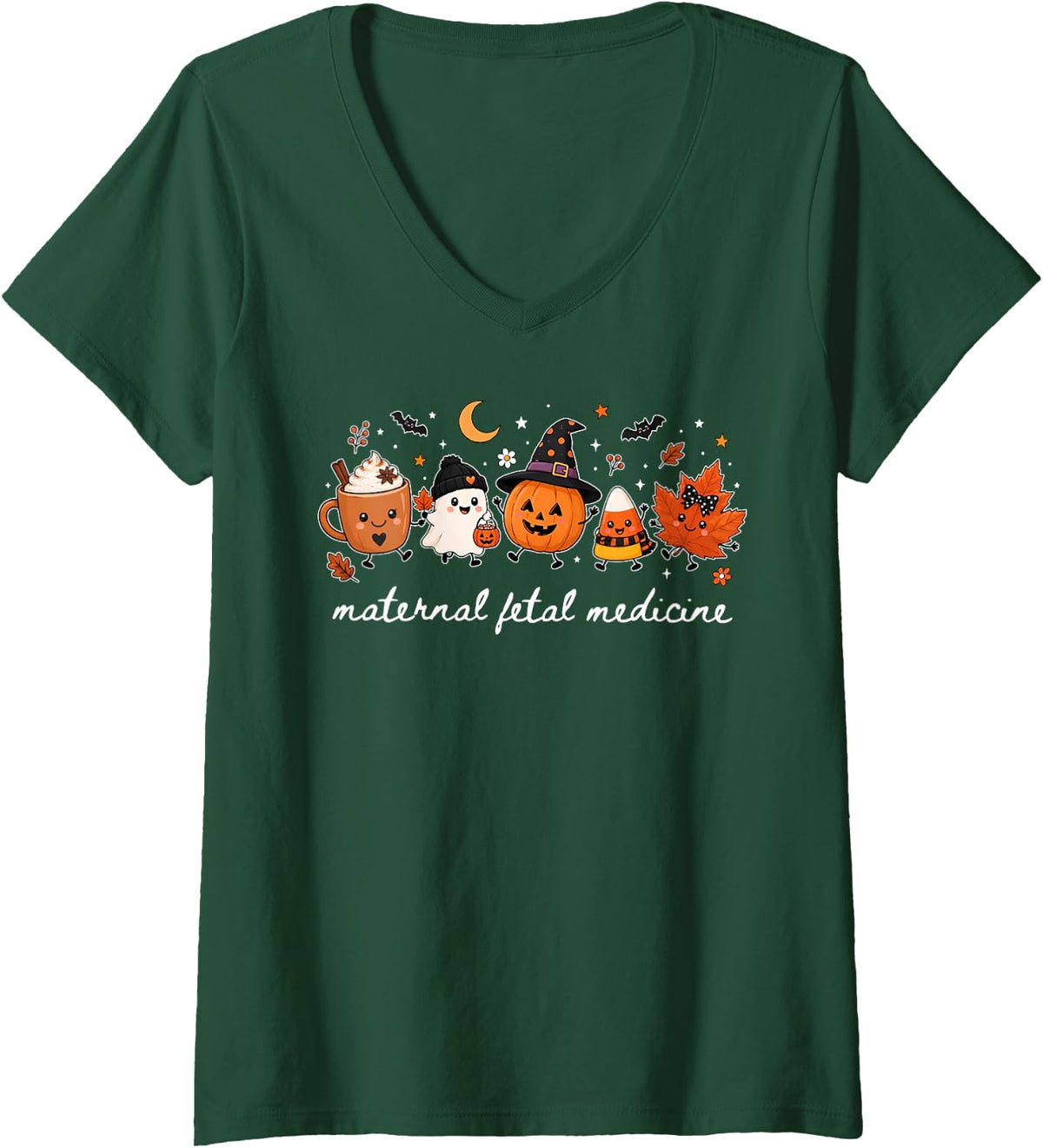 Women's Maternal Fetal Medicine Pumpkin Fall MFM Nurse Halloween V-Neck T-Shirt - Dark Green