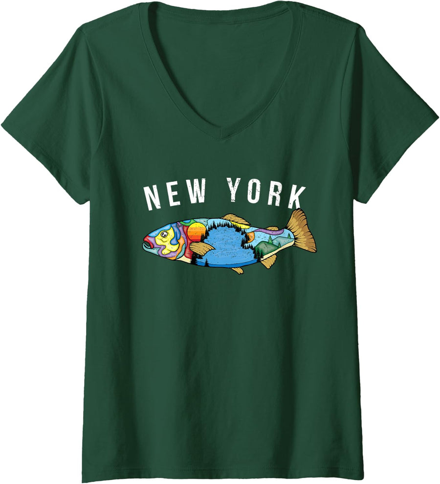 Women's New York Map Trout Fishing Trout Fish Freshwater Fisherman V-Neck T-Shirt - Dark Green