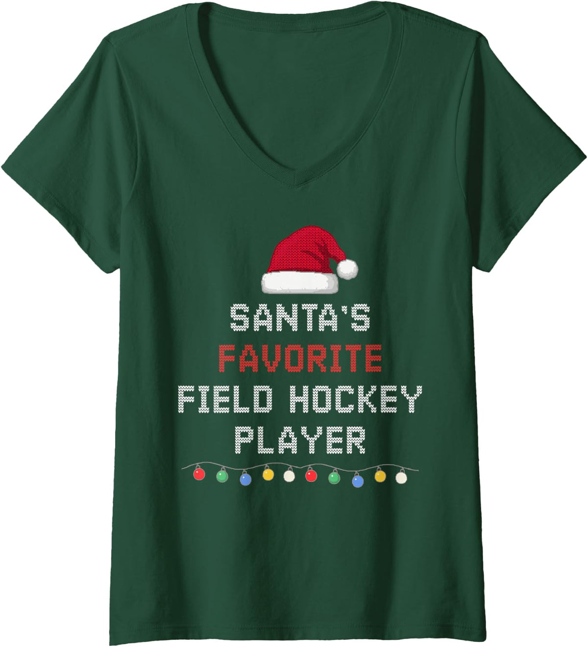 Women's Santa's Favorite Field Hockey Player Funny Christmas Pajamas V-Neck T-Shirt - Dark Green