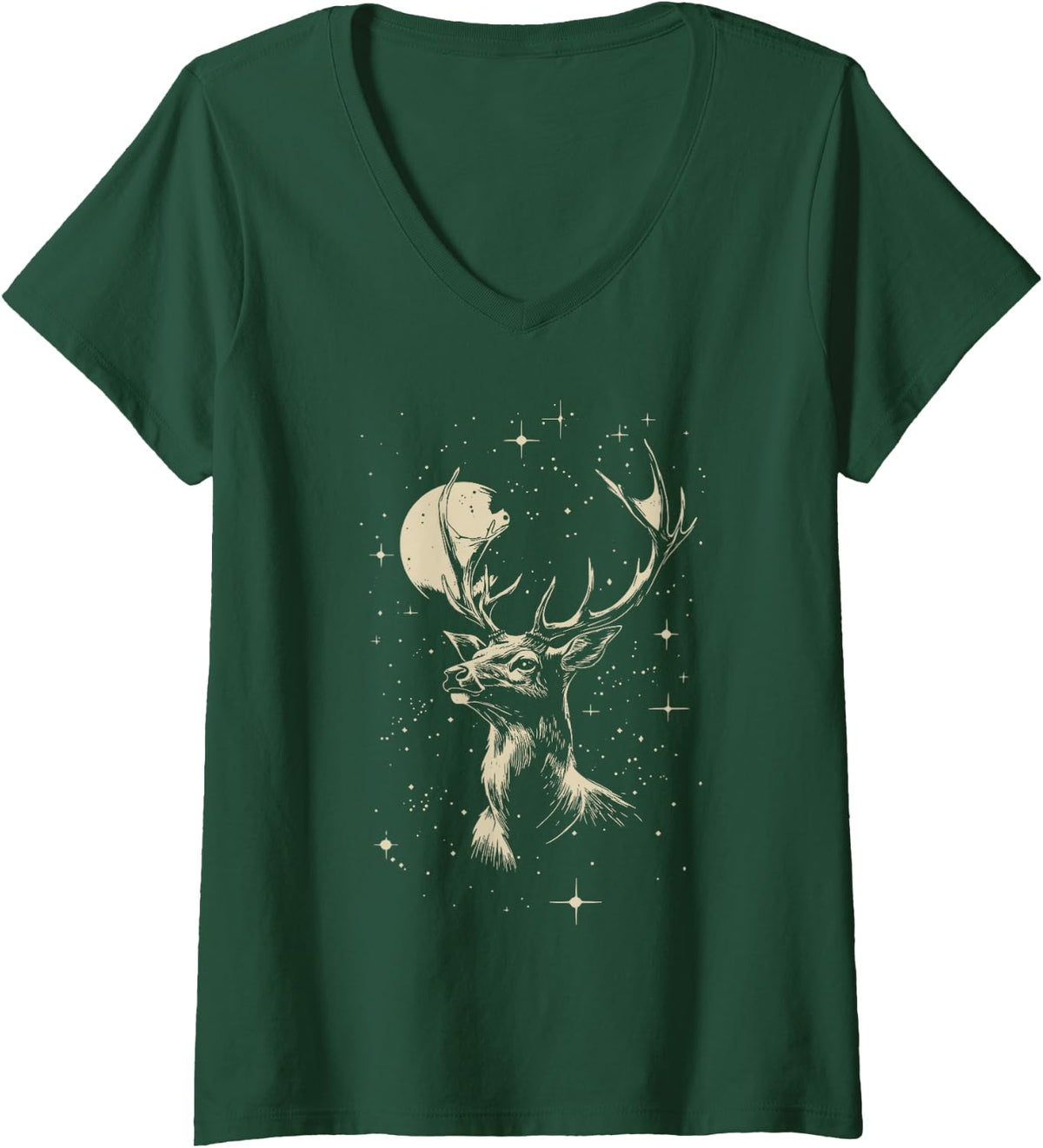 Women's Vintage Boho Celestial Deer Moon Gothic Nature Forest Witchy V-Neck T-Shirt - Dark Green