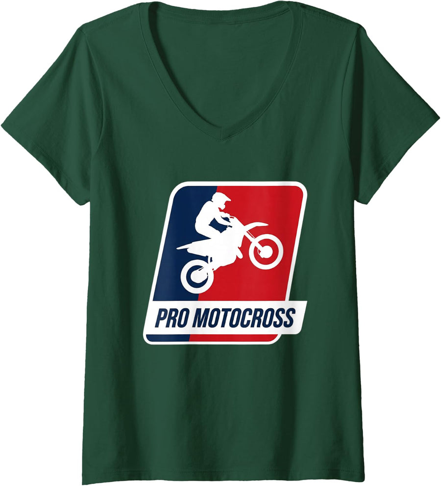 Women's Pro Motocross Dirt Bike Racing Rider Kids Motorcycle V-Neck T-Shirt - Dark Green