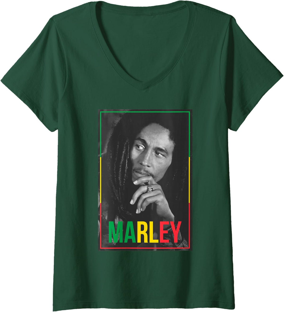 Womens Official Bob Marley Photo White V-Neck T-Shirt - Dark Green