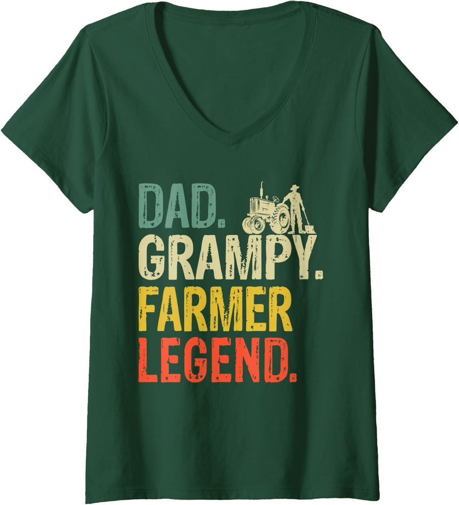 Women's Dad Grampy Farmer Legend Cool Retro V-Neck T-Shirt - Dark Green