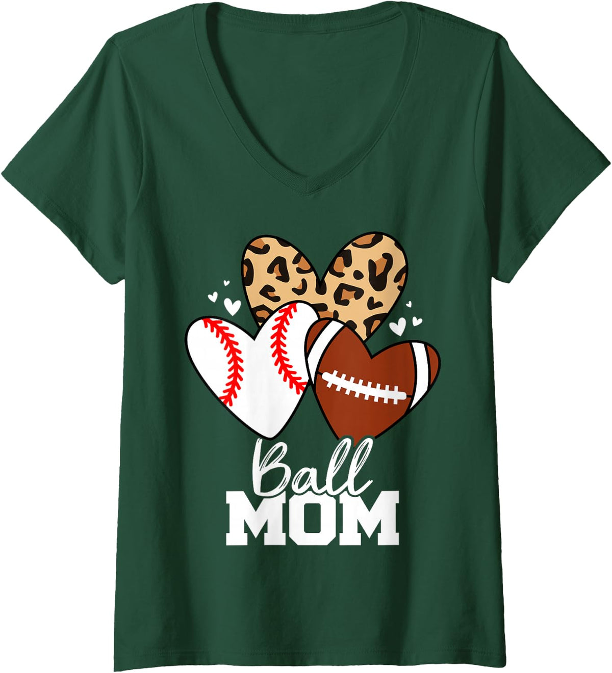 Women's Ball Mom Funny Football Baseball Mom Heart V-Neck T-Shirt - Dark Green